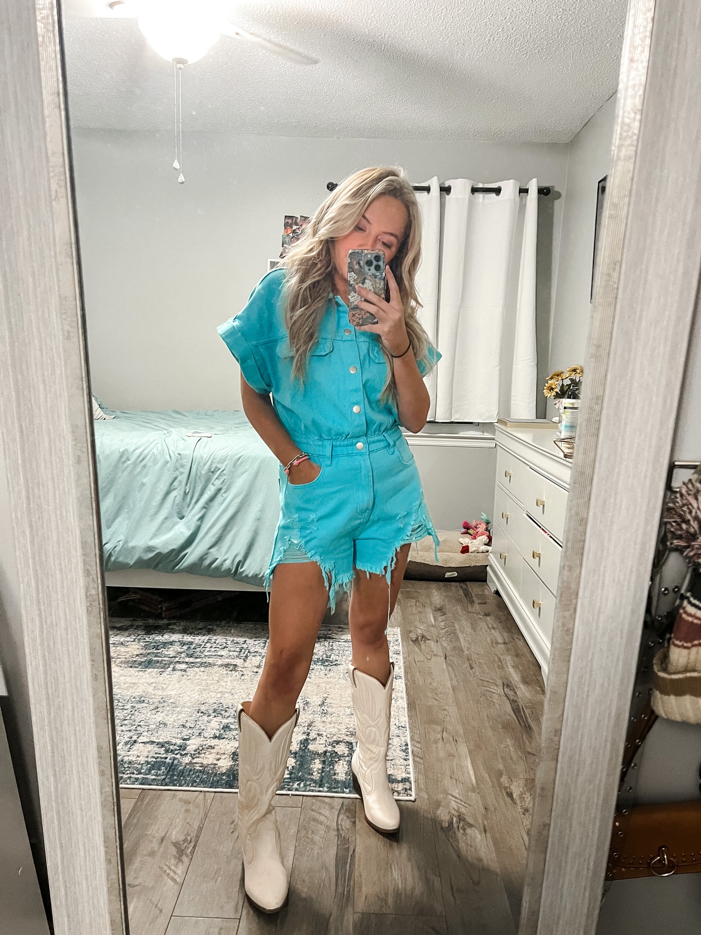 Aqua Blue Denim romper